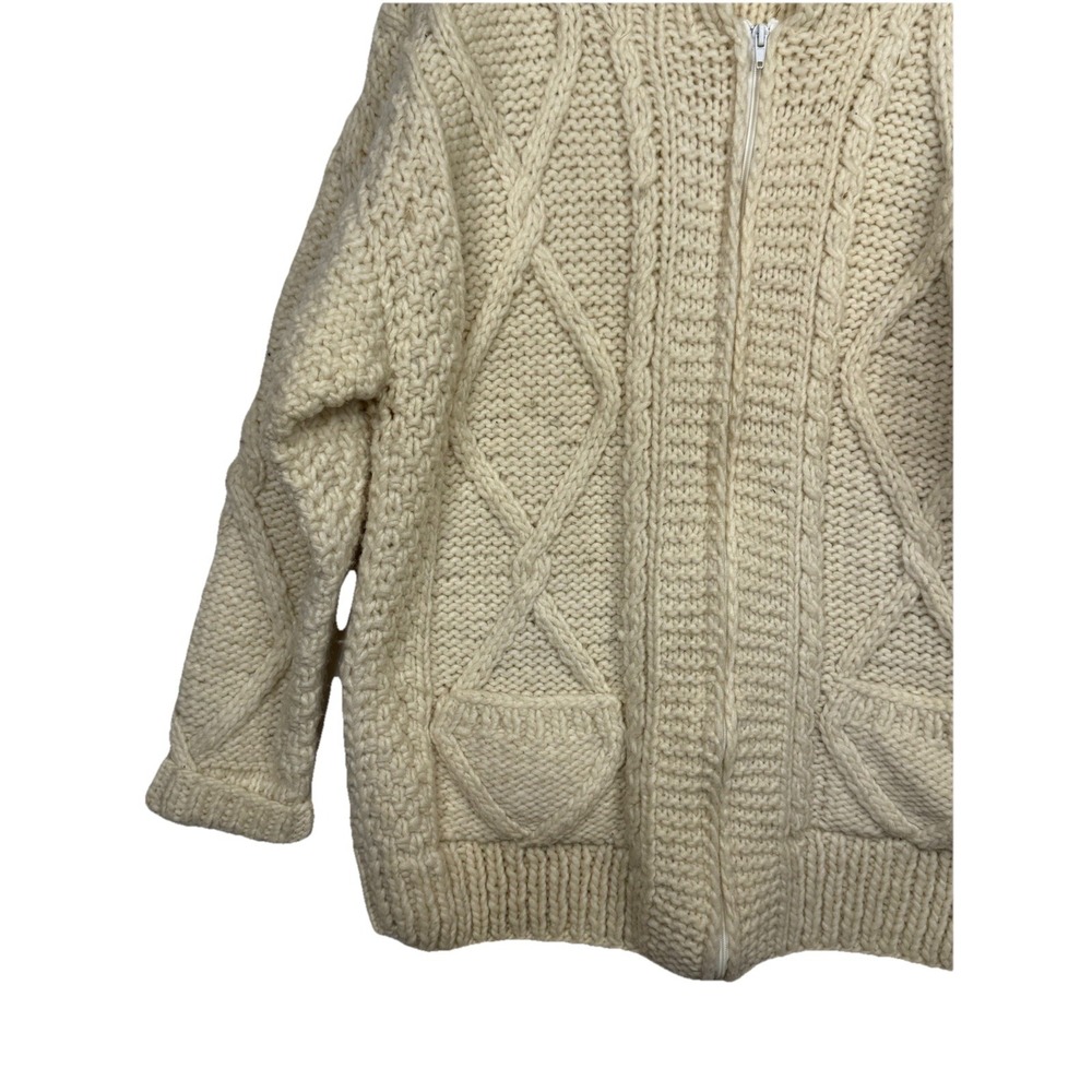 Vintage‎ Hand Knit Chunky Wool Cream Full Zip Sweater Cardigan Cable Womens L/XL - Picture 3 of 9